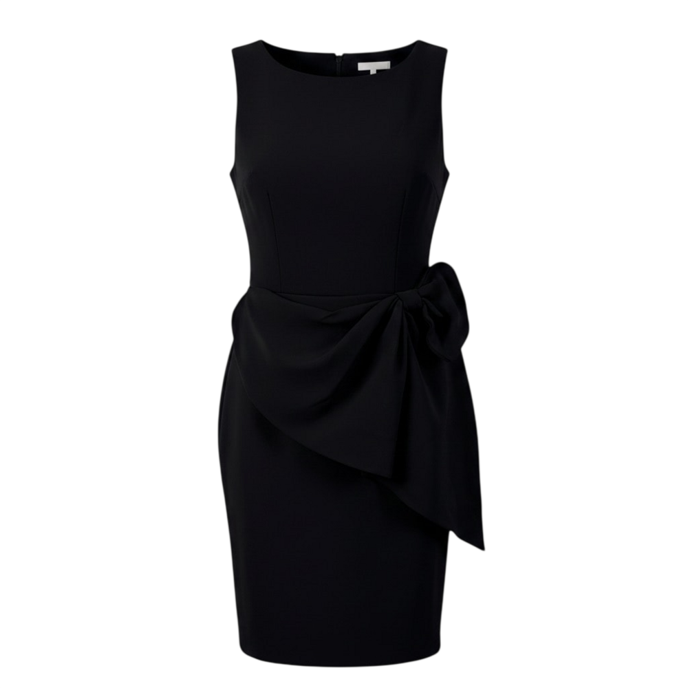 Fehaute black sleeveless sheath dress with side bow, draped overlay, round neckl